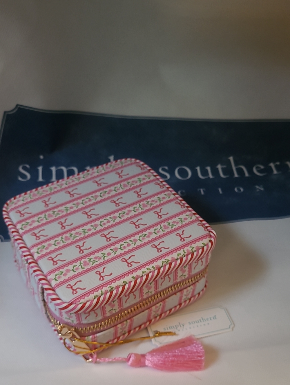 Simply Southern Pink and White Striped Floral Jewelry Case With Pink Tossle